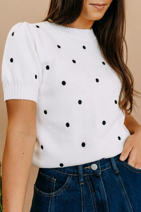 White Elegant Polka Dot Bubble Short Sleeve Sweater