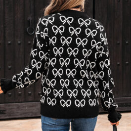 Black Cute Bow Pattern Drop Shoulder Zipped Collar Sweater