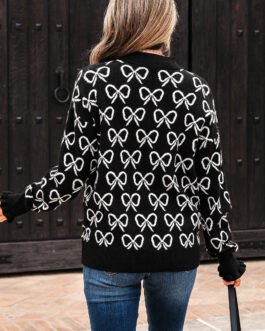 Black Cute Bow Pattern Drop Shoulder Zipped Collar Sweater