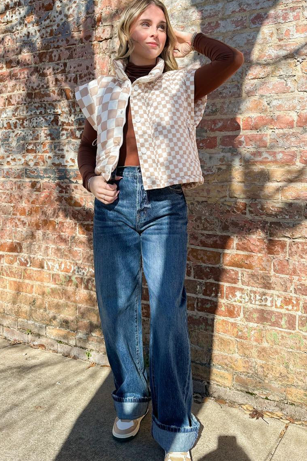 Khaki Contrast Plaid Quilted Button Zip Up Vest - Image 4