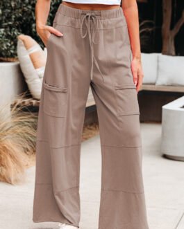 Smoke Gray Mineral Wash Exposed Seam Drawstring Elastic Waistband Wide Leg Cargo Pants