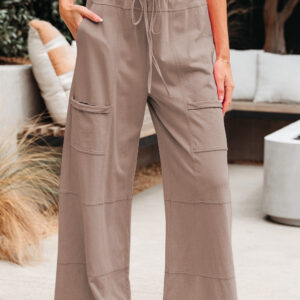 Smoke Gray Mineral Wash Exposed Seam Drawstring Elastic Waistband Wide Leg Cargo Pants