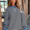 Rose Stripe Contrast Ribbed Trim Crossed Stitch Drop Shoulder Sweatshirt
