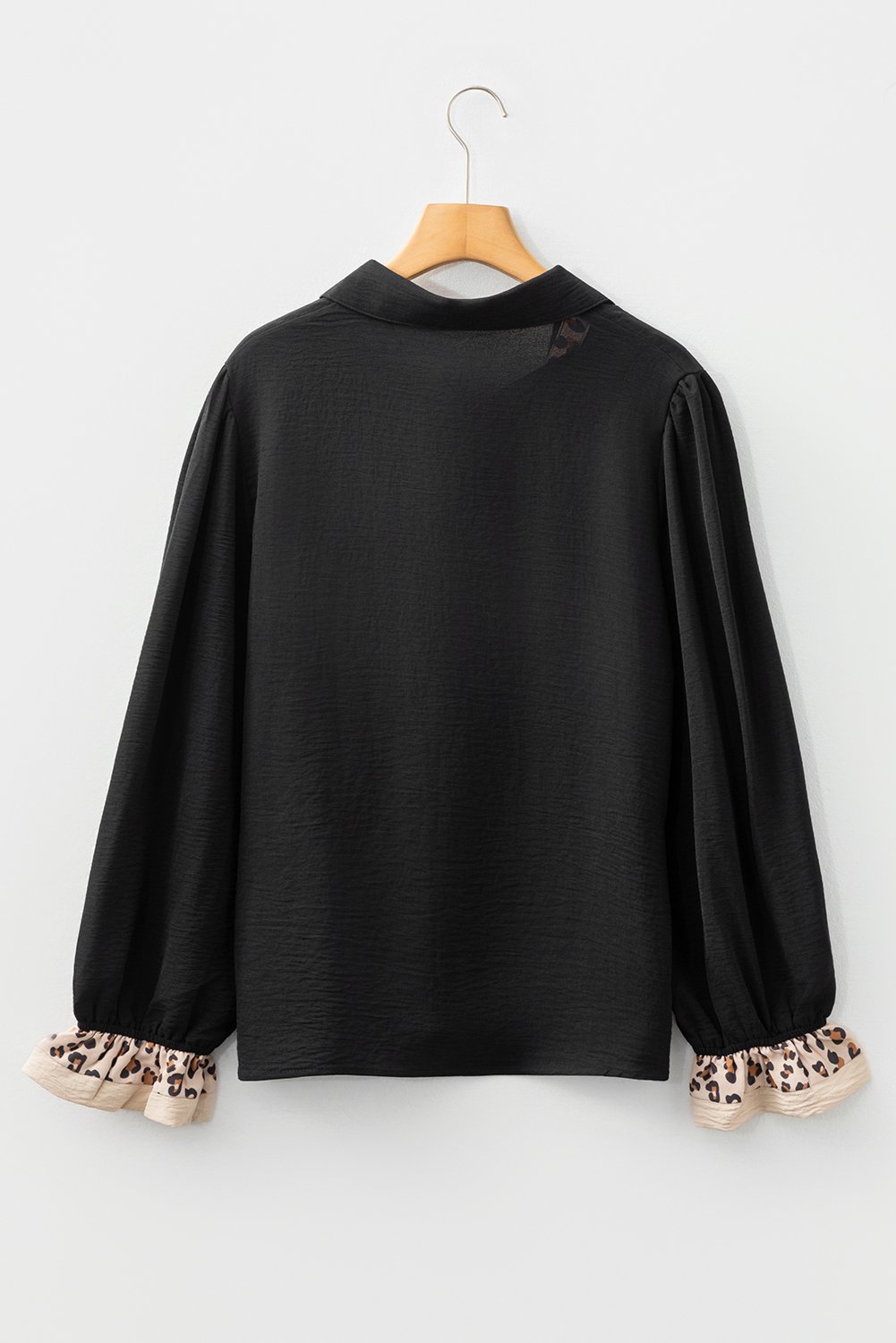 Black Contrast Leopard Print Patchwork Polo Collar Buttons Front Ruffled Long Sleeve Blouse - Image 5