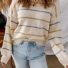 Pink Stripe Ribbed Edge Drop Shoulder Sweater