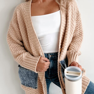 Smoke Gray Open Front Knitted Denim Pocket Patchwork Cardigan