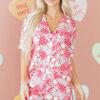 Pink Heart Print Shirt Style Silky Short Pajama Set