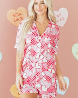 Pink Heart Print Shirt Style Silky Short Pajama Set
