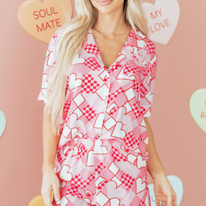 Pink Heart Print Shirt Style Silky Short Pajama Set