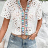 White Geometric Embroidery Hollow Out Blouse