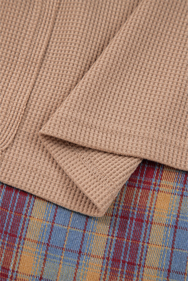 Straw Yellow Waffle Stripe Plaid Patchwork Henley Knit Top