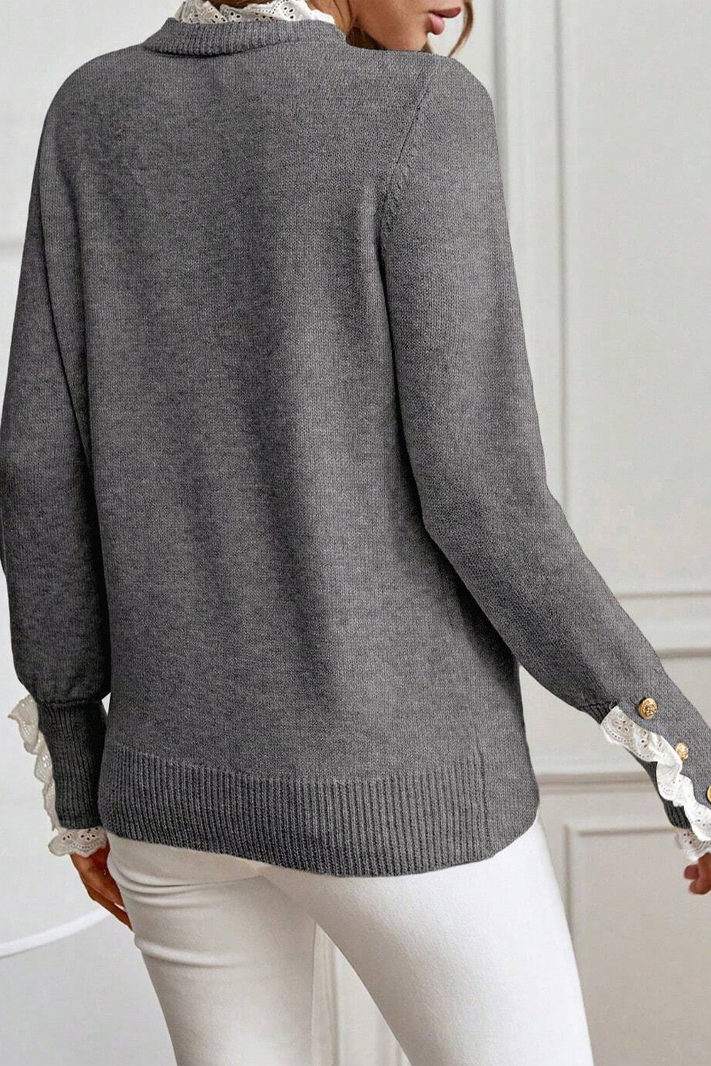 Jet Stream Lace Trim Patchwork Buttoned Cuffs Loose Sweater - Image 16