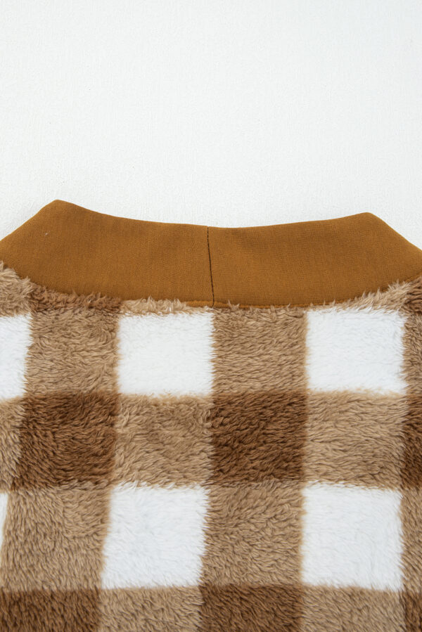 Brown Checkered Sherpa Loose Knit Cardigan with Pockets