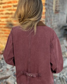 Coffee Corduroy Collar Zipped Front Denim Jacket