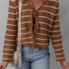 Chestnut Tie Front Striped Knit V Neck Cardigan Sweater