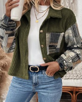 Jungle Green Ribbed Fleece Plaid Print Patchwork Button Up Jacket