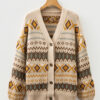 Khaki Western Pattern Knitted Button V Neck Cardigan Sweater