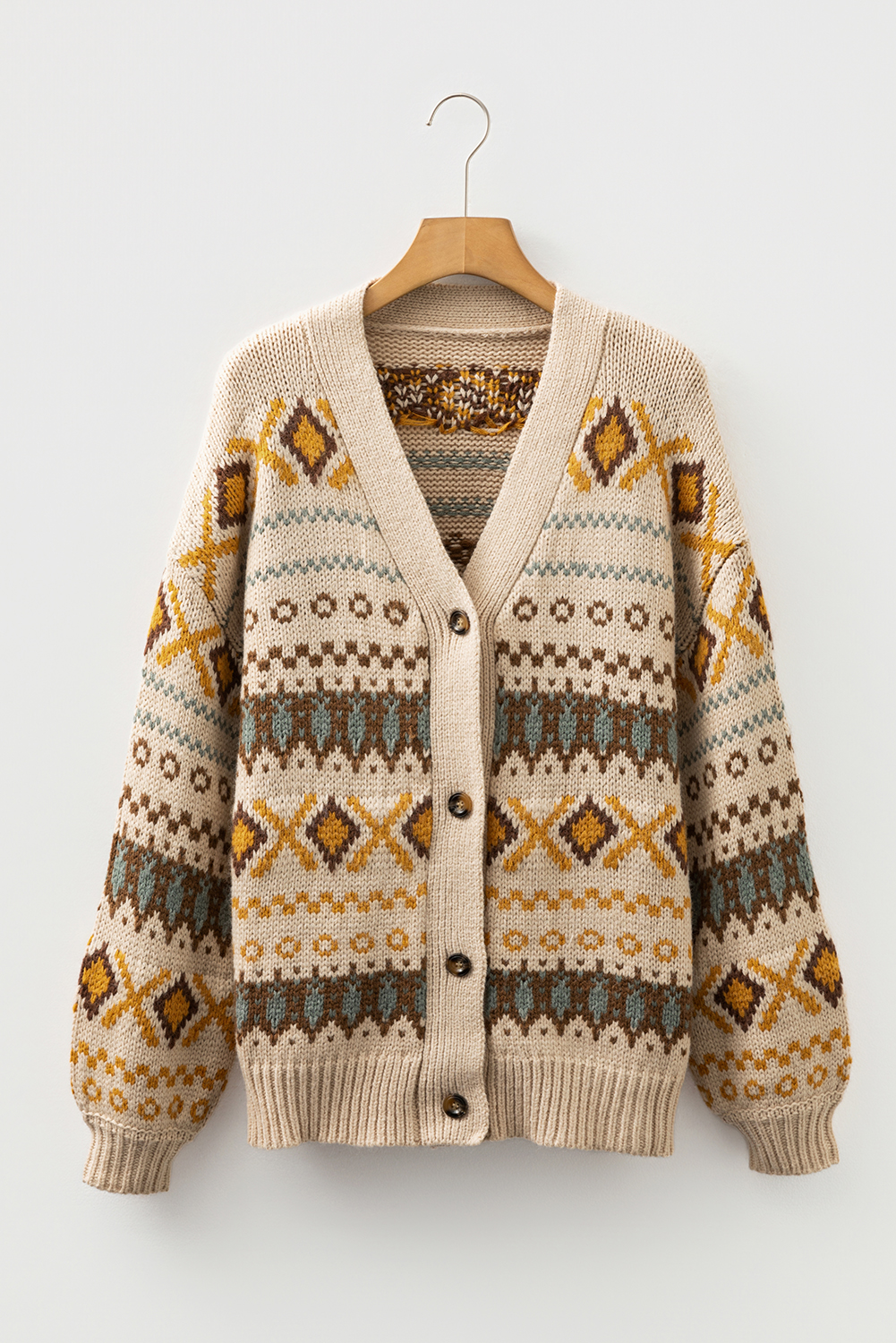 Khaki Western Pattern Knitted Button V Neck Cardigan Sweater - Image 4