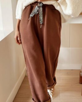 Dearlovers Coffee Fleece Lined Leopard Drawstring Elastic Waist Solid Pants