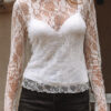 White Sheer Lace Mesh Mock Neck Slim Fit Long Sleeve Top