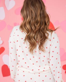 Fiery Red Tiny Hearts Printed Long Sleeve Top Drawstring Lounge Pant Set