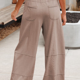 Smoke Gray Mineral Wash Exposed Seam Drawstring Elastic Waistband Wide Leg Cargo Pants