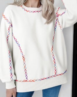 White Rainbow Stitching Balloon Sleeve Relaxed Sweater