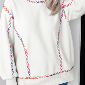 White Rainbow Stitching Balloon Sleeve Relaxed Sweater