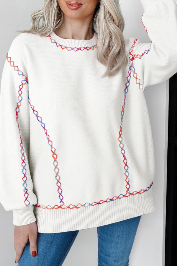 White Rainbow Stitching Balloon Sleeve Relaxed Sweater