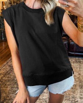 Black Solid Color Ribbed Trim Round Neck Cap Sleeve Casual Sweatshirt