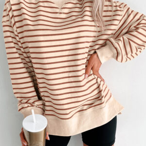 Khaki Stripe Ribbed Band Seam Detail Baggy Sweatshirt
