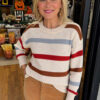 Beige Stripe Exposed Seam Drop Shoulder Heathered Knit Sweater