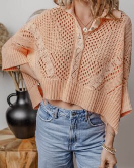Apricot Pink Hollowed Knit 3/4 Dolman Sleeve Buttoned Collared Sweater