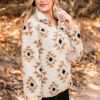 Khaki Aztec Print Sherpa Quarter Zip Collar Sweatshirt