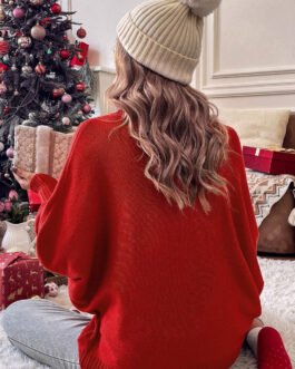 Fiery Red Merry Letter Embroidered High Neck Sweater
