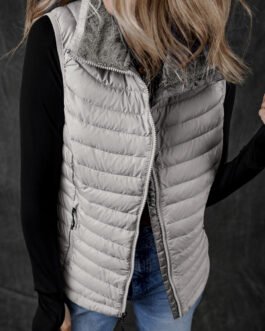 Silvery Plush Collared Quilted Zipped Puffer Vest