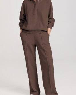 Dark Brown Solid Collared Sweatshirt and High Waist Pants Active Set