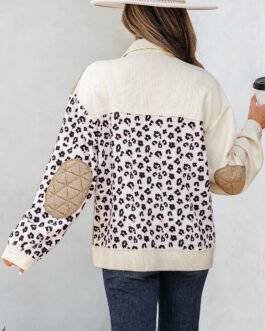 Khaki Leopard Waffle Quilted Patchwork Button Front Jacket