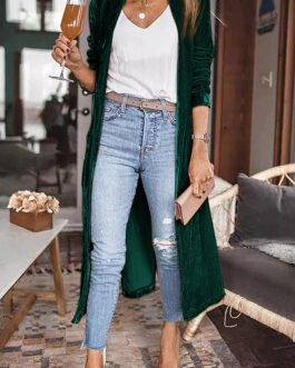 Green Velvet Open Front Pocketed Long Duster