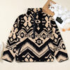 Black Plus Size Western Aztec Pattern Half Button Collared Plush Sweatshirt