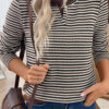 Brown Faux Two Piece Textured Striped Round Neck Long Sleeve T Shirt