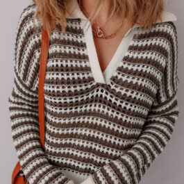 Brown Stripe Eyelet Hollow-out Contrast Collared Pullover Chic Sweater