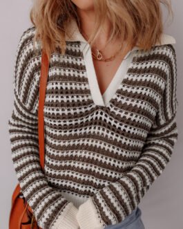 Brown Stripe Eyelet Hollow-out Contrast Collared Pullover Chic Sweater