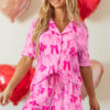 Pink Bow Print Half Sleeve Shirt and Shorts Pajamas Set