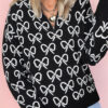 Black Cute Bow Pattern Drop Shoulder Zipped Collar Sweater