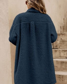 Blue Contrast Flap Pocket Single Breasted Teddy Coat