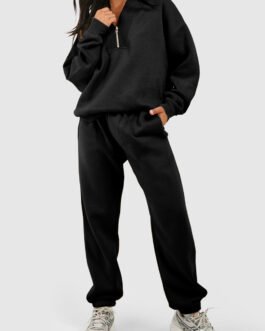 Black Plain Half Zip V Neck Ribbed Edge Loose Tracksuit