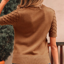 Straw Yellow Fish Scale Textured Knit Ribbed Crew Neck Short Sleeve Sweater