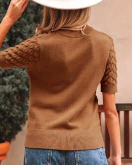 Straw Yellow Fish Scale Textured Knit Ribbed Crew Neck Short Sleeve Sweater