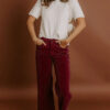 Burgundy Corduroy Solid Color High Waist Wide Leg Pants